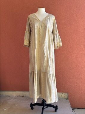 Boho Beige Maxi Dress with Gold Embroidery